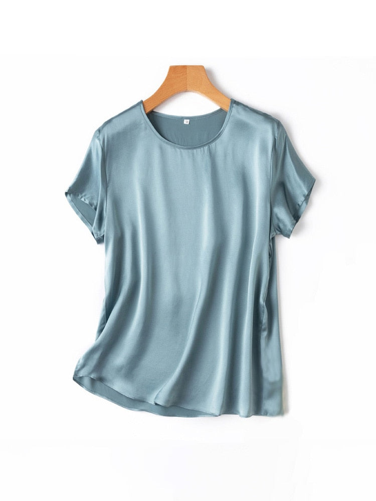 SuyaDream Woman Silk Tee 100%Real Silk Short Sleeved Plain O Neck T Shirt 2022 New Summer Top