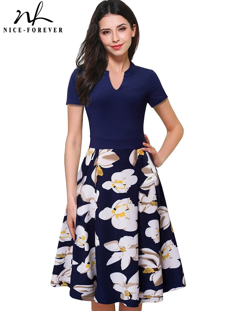 Nice-forever Summer Women Elelgant Floral Patchwork Print Dress Casual Retro A-Line Swing Flare Dress A036