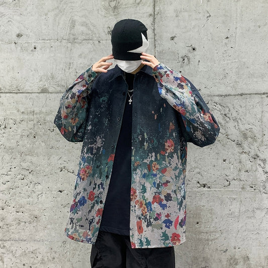 Vintage Floral Hollow Mesh Shirt for Men Streetwear Long sleeve Korean Style Fashion Design Clothes Men's Hip Hop Top Shirt