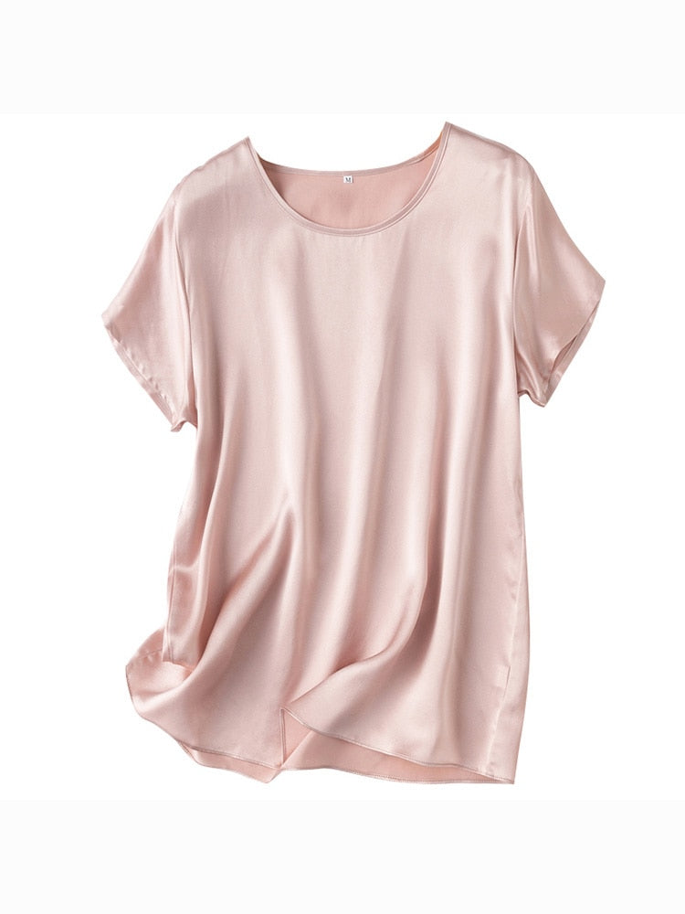 SuyaDream Woman Silk Tee 100%Real Silk Short Sleeved Plain O Neck T Shirt 2022 New Summer Top