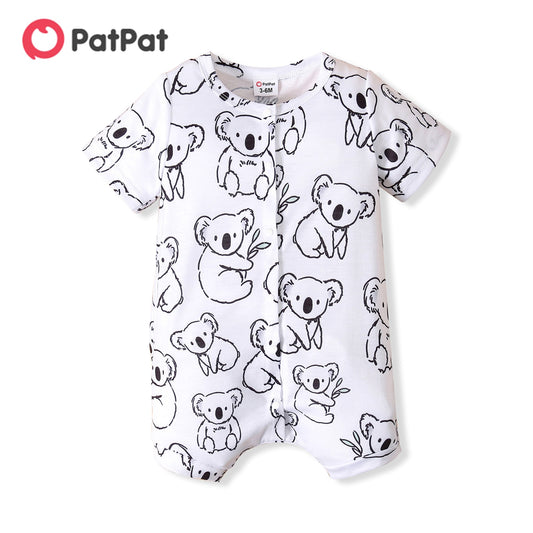 PatPat Baby Boy Koala Print White/Grey Striped Short-sleeve Snap Romper