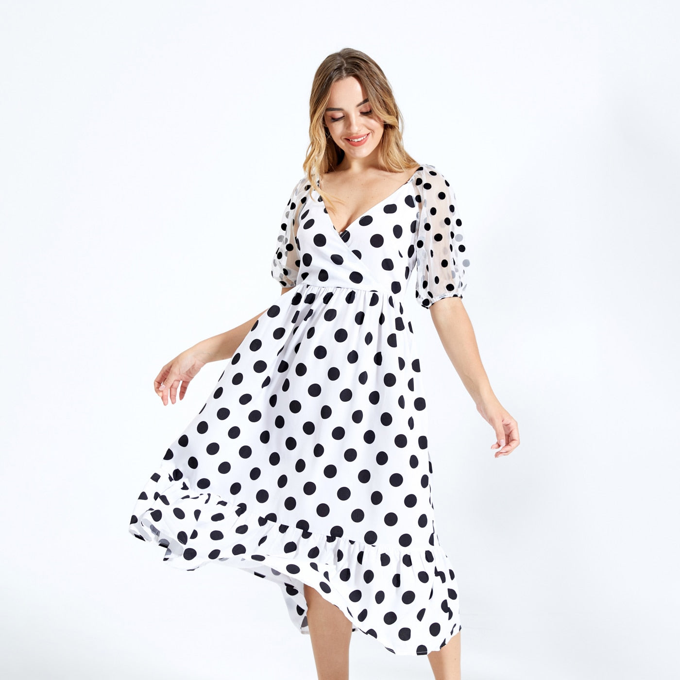 PatPat Black & white Polka Dot Cross Slant V-neck Mesh Puff Sleeves Ruffle Skirt Matching Midi Dresses for Mother and Daughter