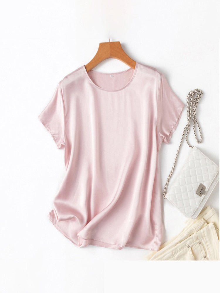 SuyaDream Woman Silk Tee 100%Real Silk Short Sleeved Plain O Neck T Shirt 2022 New Summer Top