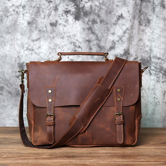Retro Leather Men's Handbag Top Layer Leather Horizontal Computer Bag Crazy Horse Leather Men Casual Shoulder Messenger Bag NZPJ