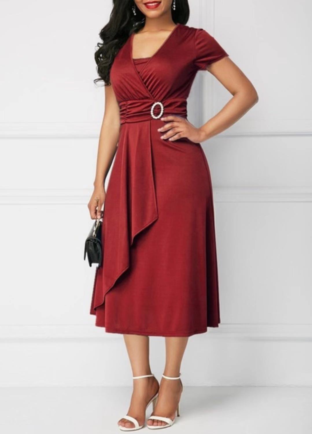 Fashion Elegant Solid Color High Waist Party Dress Women's Clothing Commute Short Sleeve Asymmetrical Patchwork Midi Dresses