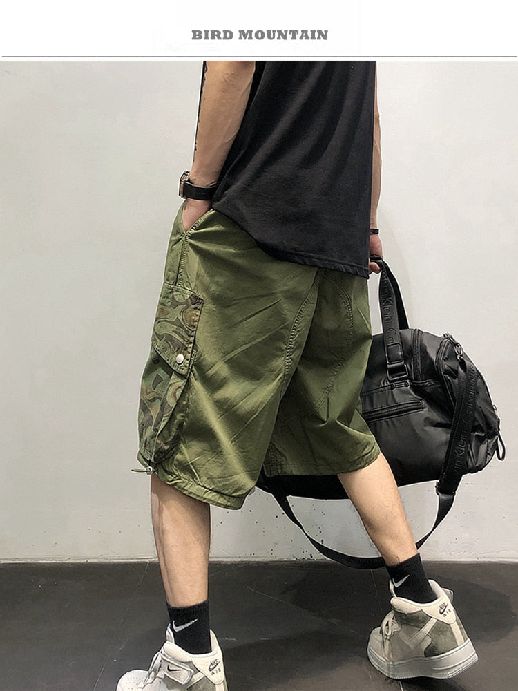 Summer American Camouflage Pocket Patchwork Cargo Shorts Men Clothing Japanese Streetwear Loose Army Green Casual Pants Male