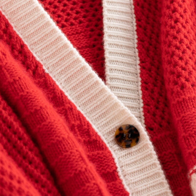 Tall Goods 100% Cashmere Thickened Hollow Color Matching Cashmere Cardigan Sweater Women's V-neck Temperament Fashion Top Coat