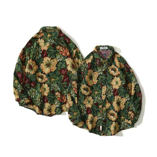 Men's Shirt Blouse Turn Down Collar Printed Casual Vintage Cardigan Loose Fashion Spring Long Sleeve Tops Streetwear