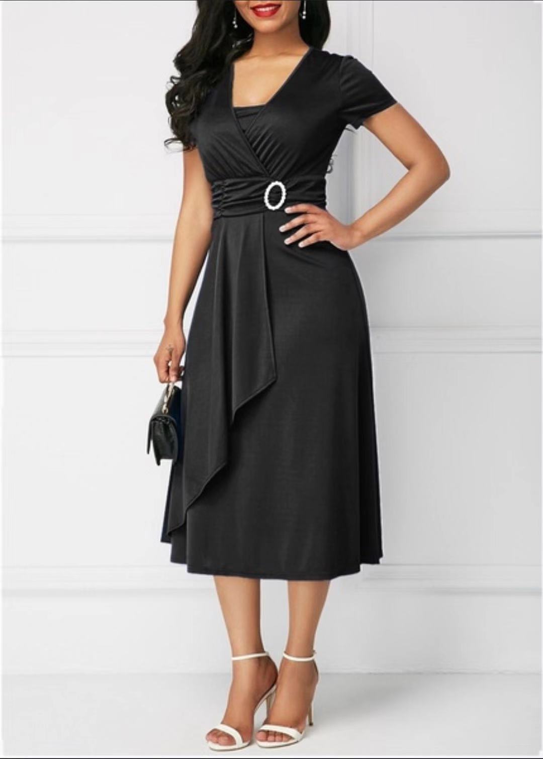 Fashion Elegant Solid Color High Waist Party Dress Women's Clothing Commute Short Sleeve Asymmetrical Patchwork Midi Dresses