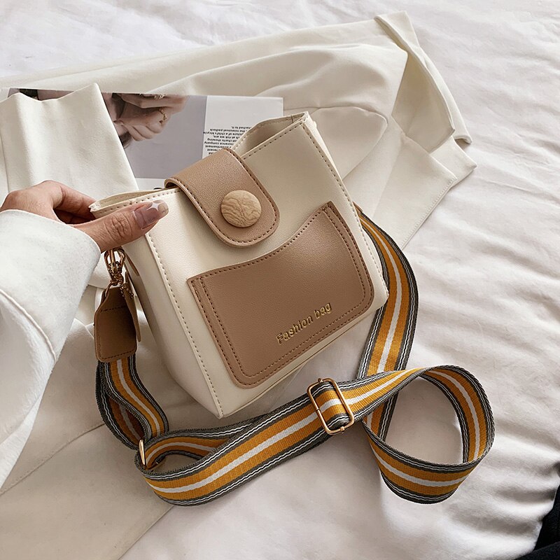 Simple Bucket Women's Bag 2022 Luxury Panelled Crossbody Bags Female Trending Leather Small Handbags Wide Shoulder Bags New Sac