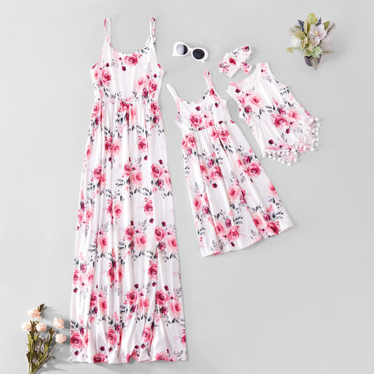 PatPat Floral Print Matching White Sling Maxi Dresses