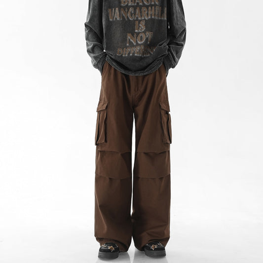 Japanese Retro Coffee Cargo Pants Men's Plicated Straight Tube Cityboy Pant Fashion Streetwear Vintage Mopping Trousers White