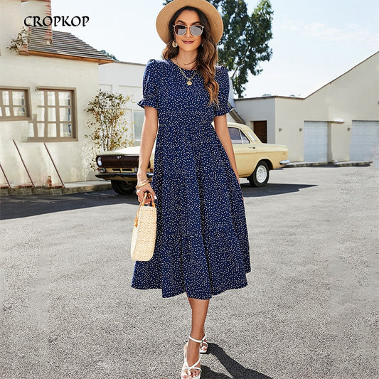 Puff Short Sleeve Dress Women Summer Casual Polka Dot Print Ruffle Big Hem Beach Long Dress Elegant Red Midi Party Dresses 2022