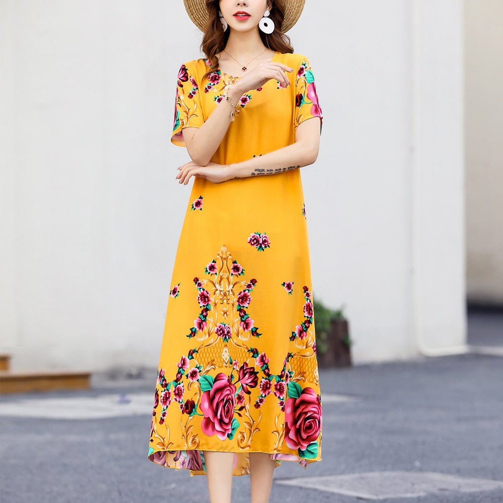 New Fashion 2023 Summer Dress For Long Vintage Loose Women Elegant Short Sleeve Casual O-neck Dresses Print Woman Clothing