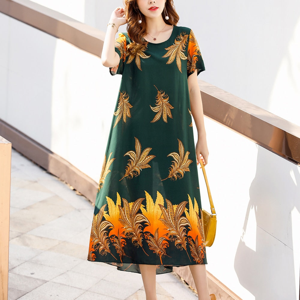 New Fashion 2023 Summer Dress For Long Vintage Loose Women Elegant Short Sleeve Casual O-neck Dresses Print Woman Clothing