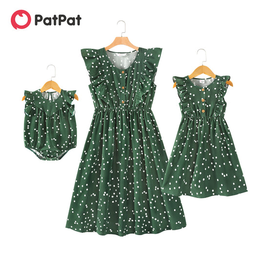 PatPat Family Matching Outfits Dresses Matching All over Polka Dots Dark Green Ruffle Trim Tank Dress for Mom and Me