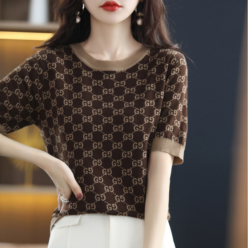 Casual And Elegant Women's New Fashion Wool T-shirt Fashion Brand Temperament Comfortable Short Sleeve Office Holiday Top