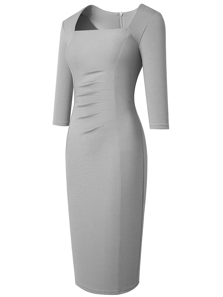 Nice-forever Spring Women Vintage Square Neck Office Dresses Business Formal Elegant Bodycon Slim Dress B688