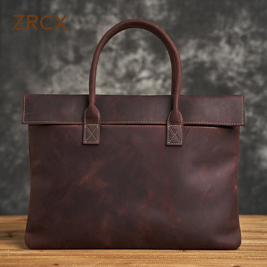 ZRCX Coffe Men's Briefcase Genuine Leather Casual Handbag Business Tote Bag Shoulder Office worker Bags For 13 Inch Laptop