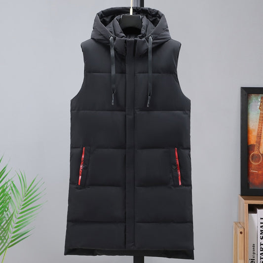 Autumn Winter Men Long Black Vest Hooded 2022 New Brand Fashion Thick Warm Cotton Padded Sleeveless Jacket Men's Clothes