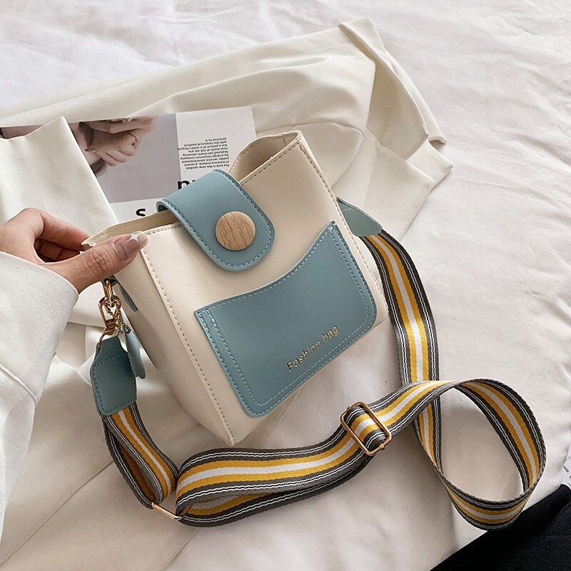 Simple Bucket Women's Bag 2022 Luxury Panelled Crossbody Bags Female Trending Leather Small Handbags Wide Shoulder Bags New Sac