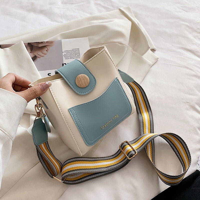 Simple Bucket Women's Bag 2022 Luxury Panelled Crossbody Bags Female Trending Leather Small Handbags Wide Shoulder Bags New Sac
