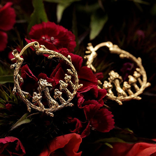 Ancient gold Color Tree Branch Hoop Earrings Carved Ancient Metal Mushroom Tribal Drop Dangle Earrings for Women Jewelry