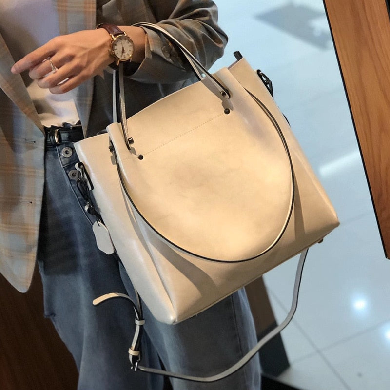 One-shoulder Large Casual Tote Fashion Messenger Cowhide Leather Women's Bag Large-capacity Ladies Handbag Bucket High Quality