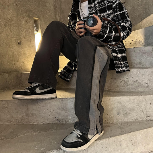 Neutral Chic Patchwork Mopping Trousers Jeans Men Korean Style Street Fashion High Street Loose Casual Drawstring Jean Pants