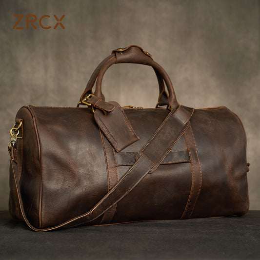 ZRCX Geunine Leather Vintage Men's Hand Luggage Bag Travel Bag Large Capacity Single Shoulder Messenger For 15 Inch Laptop