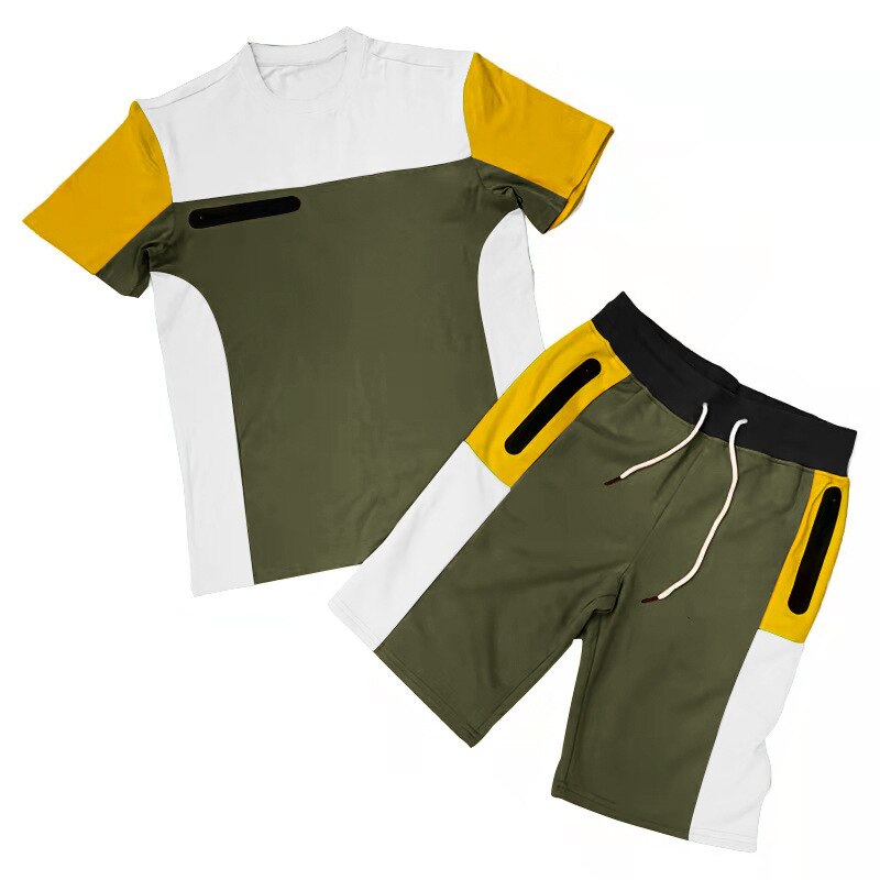 Patchwork Fabric Sportswear 2 Piece Short Set Summer Man Fashion Tracksuit Sweat Suits