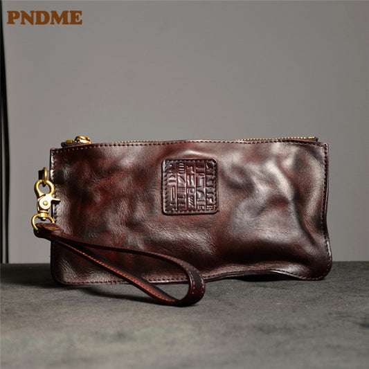 PNDME vintage high quality genuine leather men's clutch bag outdoor casual luxury natural real cowhide party thin phone wallet