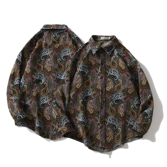 Men's Shirt Blouse Turn Down Collar Printed Casual Vintage Cardigan Loose Fashion Spring Long Sleeve Tops Streetwear