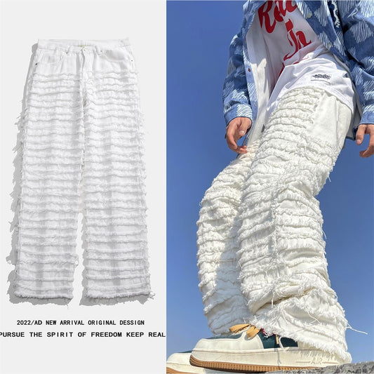 American Street Hip-hop Heavy Industry Ripped Men's Jeans 2023 Spring Straight Loose Vibe Style Skateboard White Flared Pants