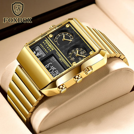FOXBOX Luxury Gold Watches For Men Casual Sports Chronograph Quartz WristWatch Waterproof Watches Digital Clock New reloj hombre