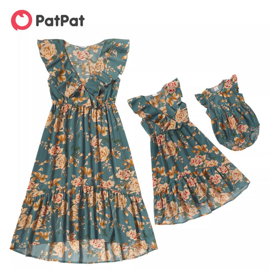 PatPat New Summer Mommy and Me Floral Print Flounce V-neck Sleeveless Dresses