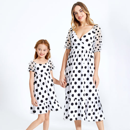 PatPat Black & white Polka Dot Cross Slant V-neck Mesh Puff Sleeves Ruffle Skirt Matching Midi Dresses for Mother and Daughter