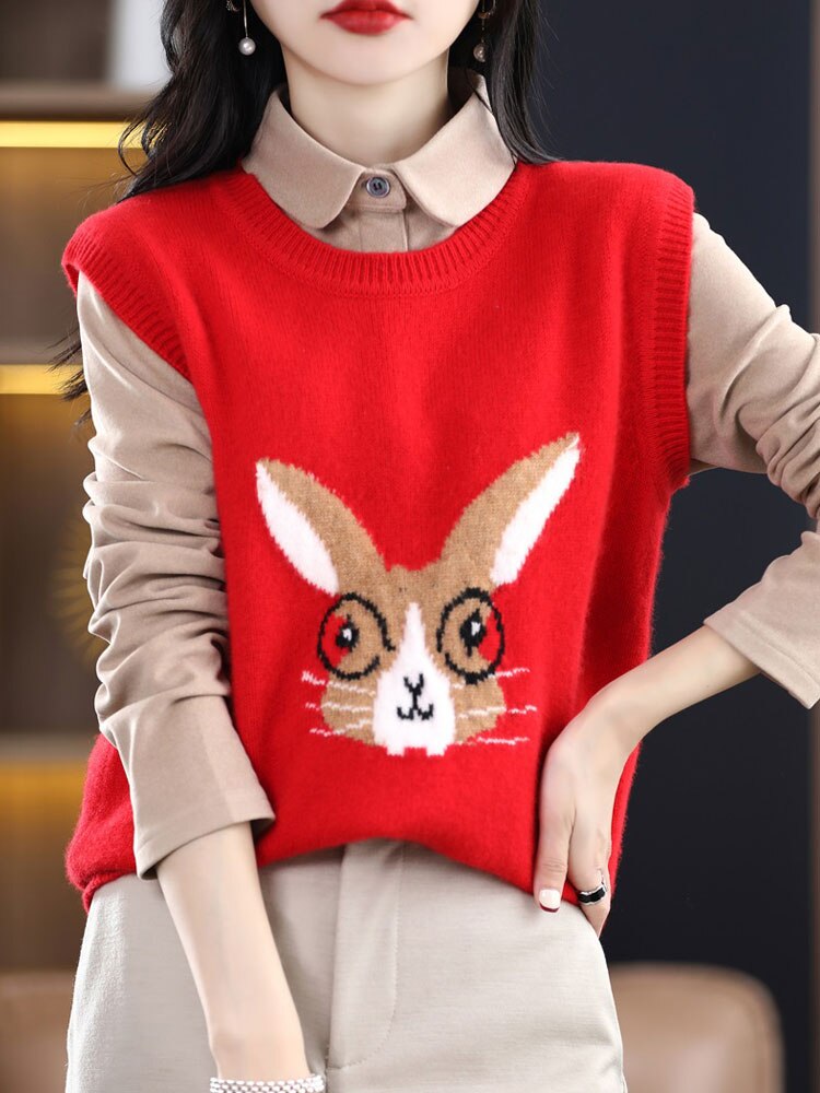 2023 Year Of The Rabbit Pullover Vest Women's Christmas New Year Red Spring Festival This Life Year Wool Vest Free Of Charge