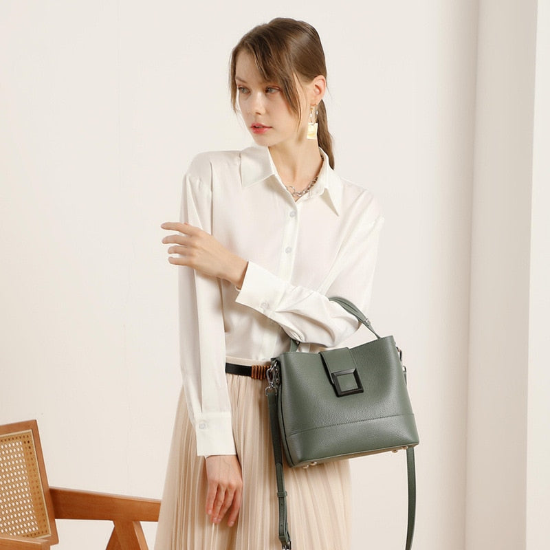 New Fashion Messenger Women's Top-layer Cowhide Bucket Bag Ladies Versatile Shoulder Bag Genuine Leather Handbags Casual Tote