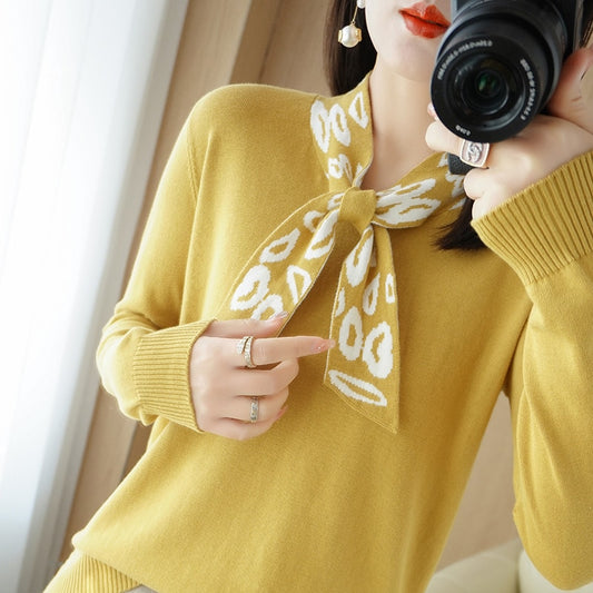Autumn And Winter 2023 New Cotton Knitted Sweater Women's Fashion Bowknot Design Comfortable Warm Undercoat Free Shipping