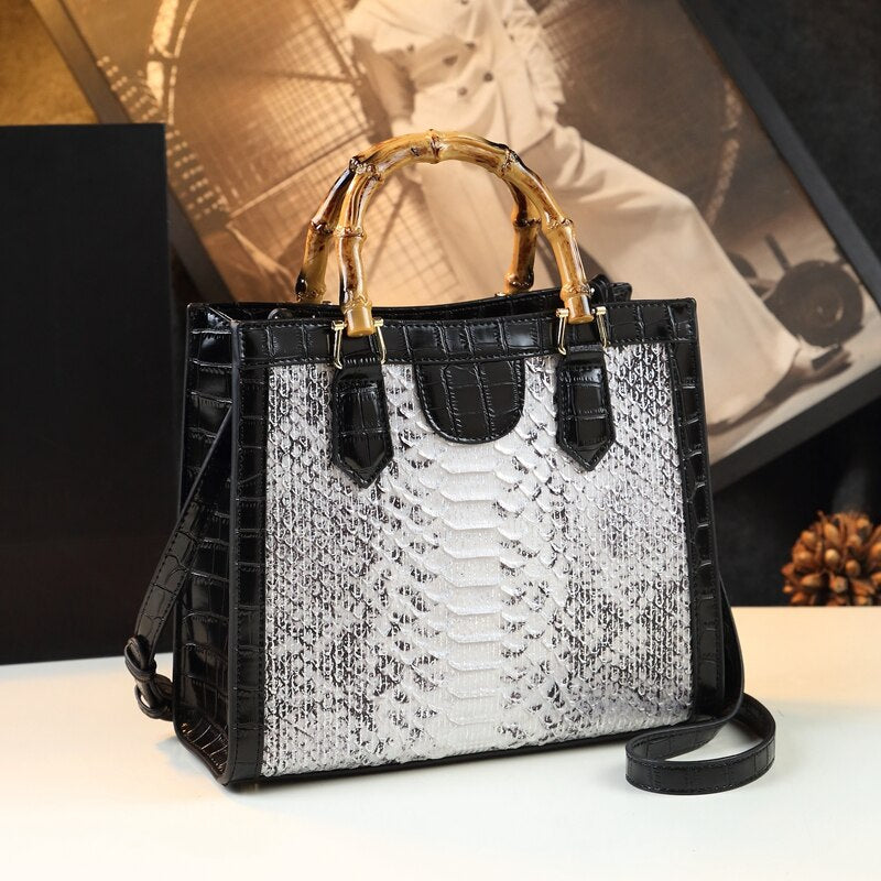 Brand Genuine Leather Bamboo Women's Bag Crocodile Pattern Ladies Handbag Portable Tote Bag Mom Tide Shoulder Messenger Bags