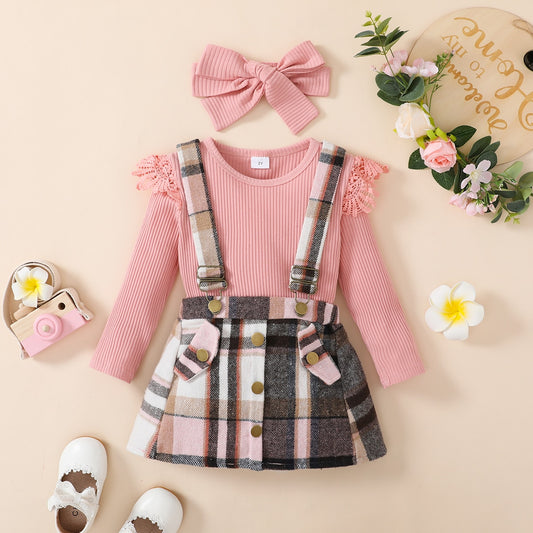 PatPat 3pcs Toddler Girl Sweet Ruffled Ribbed Tee & Adjustable Plaid Suspender Skirt and Headband Set