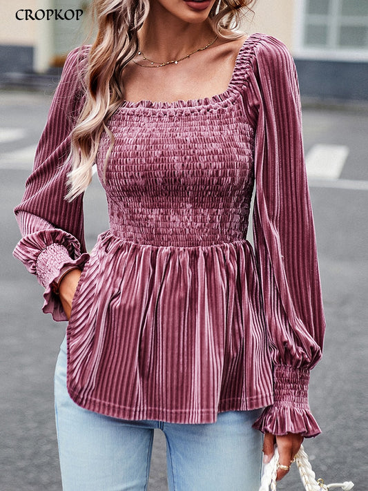 Elegant Velvet Women's Blouse Black Square Collar Long Sleeve Top Fashion Youth Ruffle Shirts Autumn Clothes For Women 2023 New