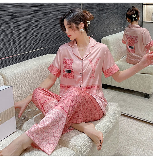 New pajamas female cartoon bear sweet and cute girl short-sleeved trousers suit пижама хлопок two piece set summer