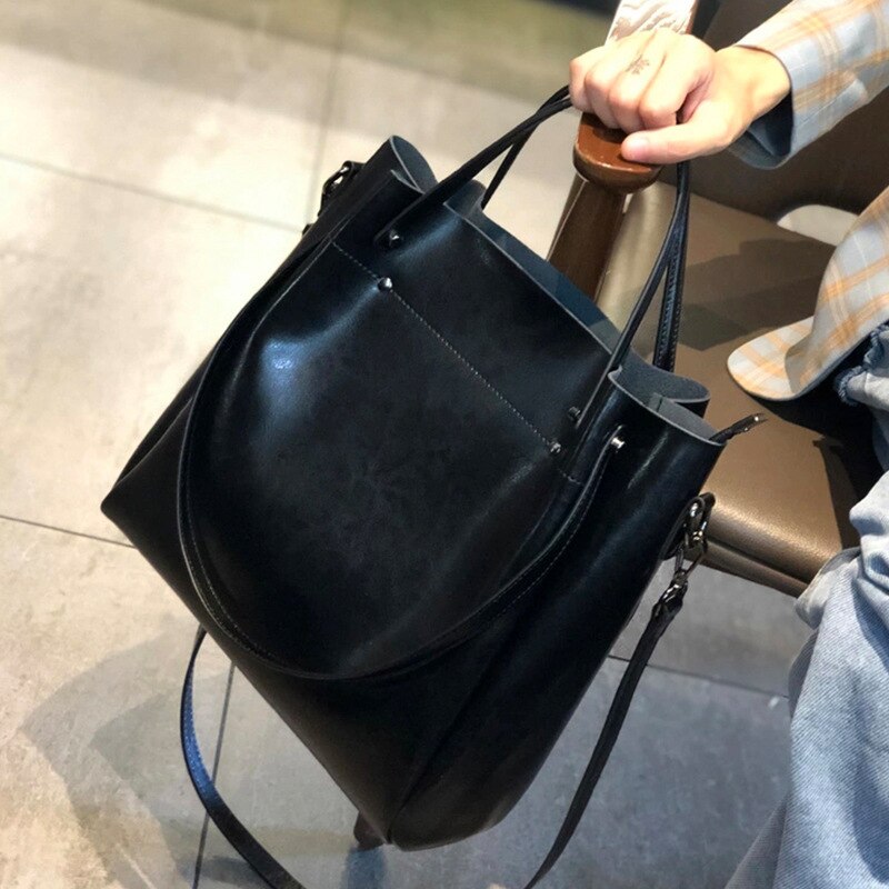 One-shoulder Large Casual Tote Fashion Messenger Cowhide Leather Women's Bag Large-capacity Ladies Handbag Bucket High Quality