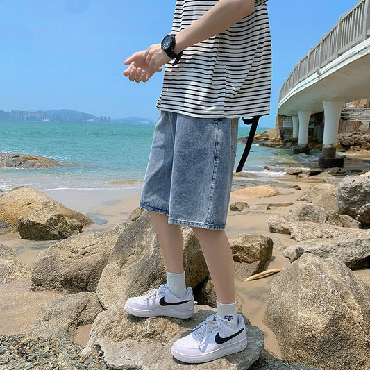 Men's Summer Denim Shorts Korean Elastic Waist Lace-up Straight Leg Pants Student Loose Casual Pants Cotton Pants
