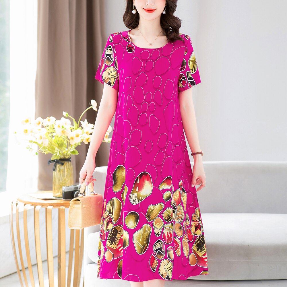 New Fashion 2023 Summer Dress For Long Vintage Loose Women Elegant Short Sleeve Casual O-neck Dresses Print Woman Clothing