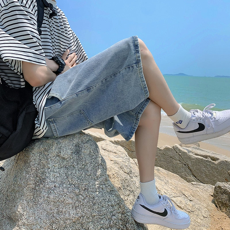 Men's Summer Denim Shorts Korean Elastic Waist Lace-up Straight Leg Pants Student Loose Casual Pants Cotton Pants