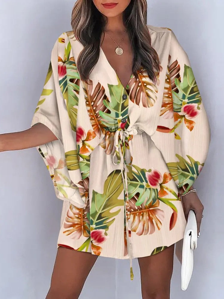 Casual Boho Beach Vacation Mini Dress Women Summer Print Lace Up Button Batwing Sleeve Dresses For Women's Loose  Female Robe