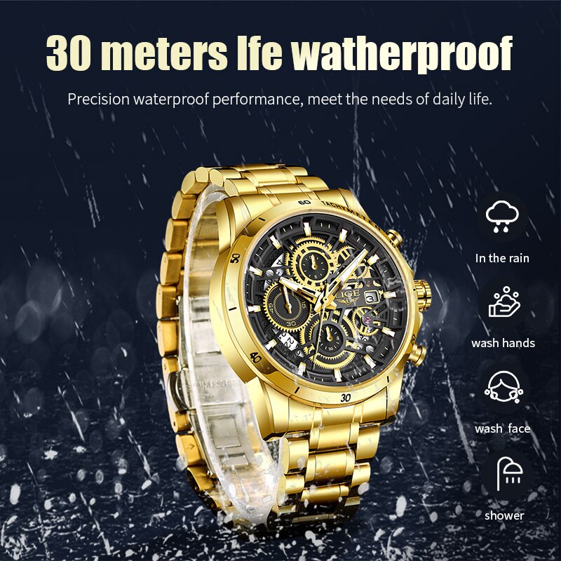 LIGE New Fashion Mens Watches Gold Stainless Steel Top Brand Luxury Sports Waterproof Watches Quartz Watch Men Relogio Masculino